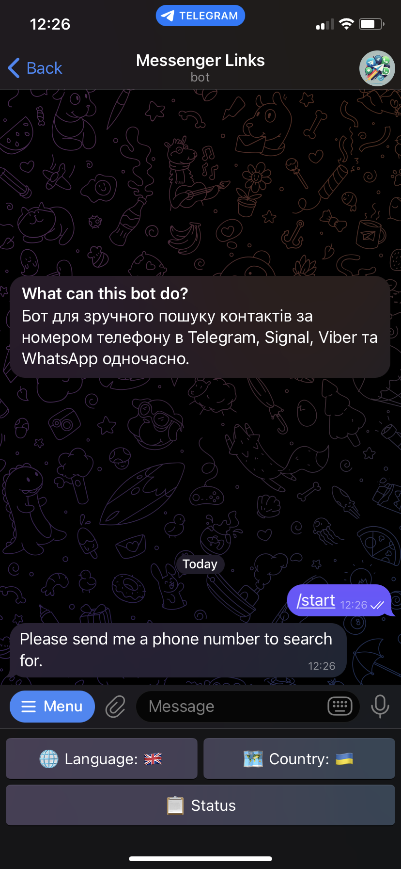 Lookup in Telegram by phone number