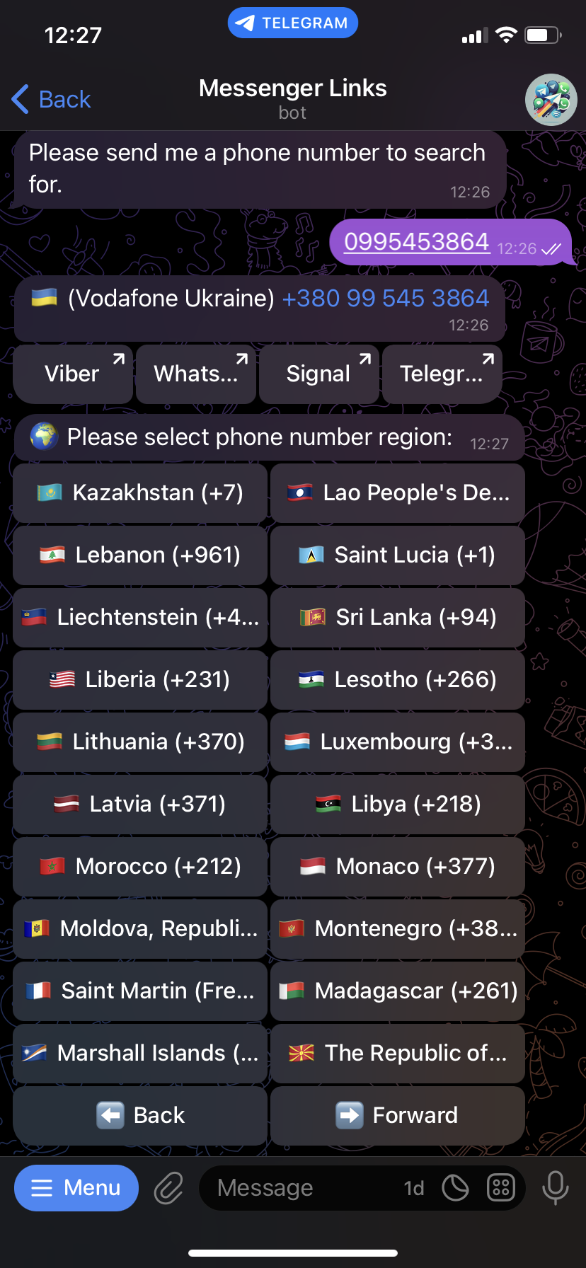 Lookup in Viber and Signal by phone number